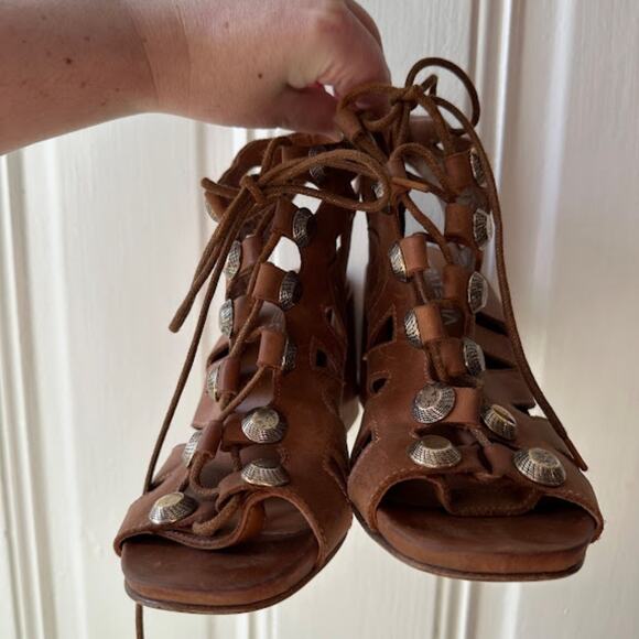 Strategia Vero Cuoio Italian Brown Leather Gladiator Block Heel Sandals Size 9.5 - Picture 7 of 8